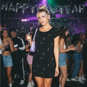 New! Ultimate Blues New Years Y2K 2000 Millennial Glitter Black Party Dress